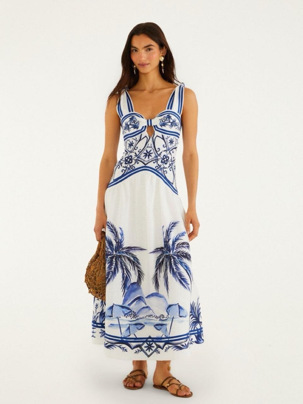 New, Farm Rio Blue and white maxi dress with palm trees and mountains